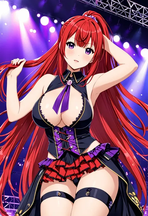 ASAMIKEI, red HAIR, PONYTAIL, LONG HAIR, SIDELOCKS, PURPLE EYES,, large breasts, live stage,  solo nipple 