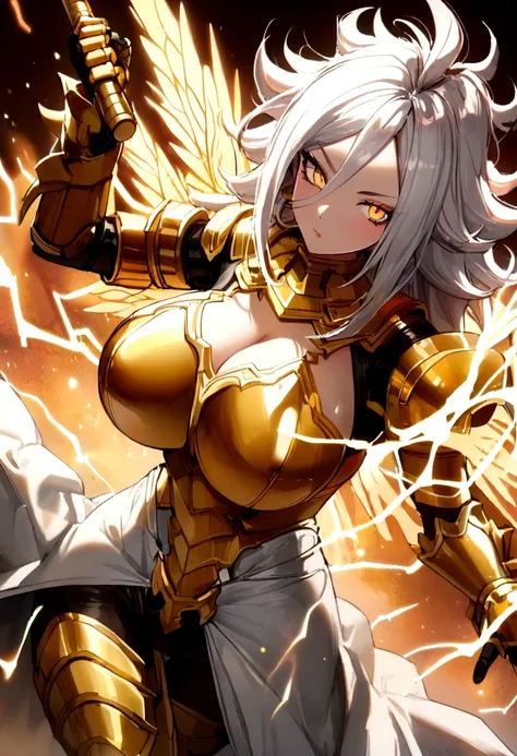 ((Lightning Power)), ((Electricity)), ((Fire Background)), ((android 21)), (((white Coat))), (((Busty))), (((((Big breast:1,5)))), luxury bustier corset, ((silver hair)), (((Very slim waist))), propotional body, ((Gorgeous)), ((gold wings)), masterpiece, h...