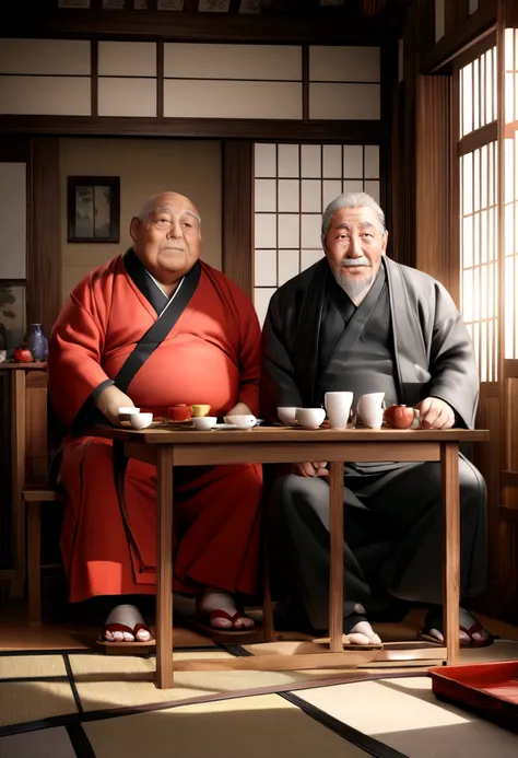 Hyper realistic 3D caricatures of a fat, handsome and clean 35 year old man and a 50 year old grandfather, both with big and small heads, wearing Hakama suits and traditional Japanese wooden sandals, sitting on chairs separated by a table in a traditional ...