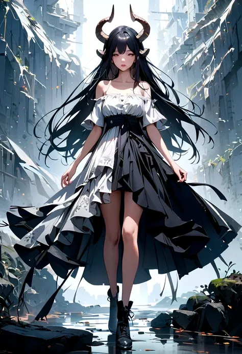 1girl, solo, off shoulder, bandages, black hair, bare shoulders, dress, lips, horns, off-shoulder shirt, full body view