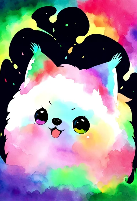 Pomeranian with watercolor-like fur ,Dark Background,High resolution,high quality,colorful,green,red,green