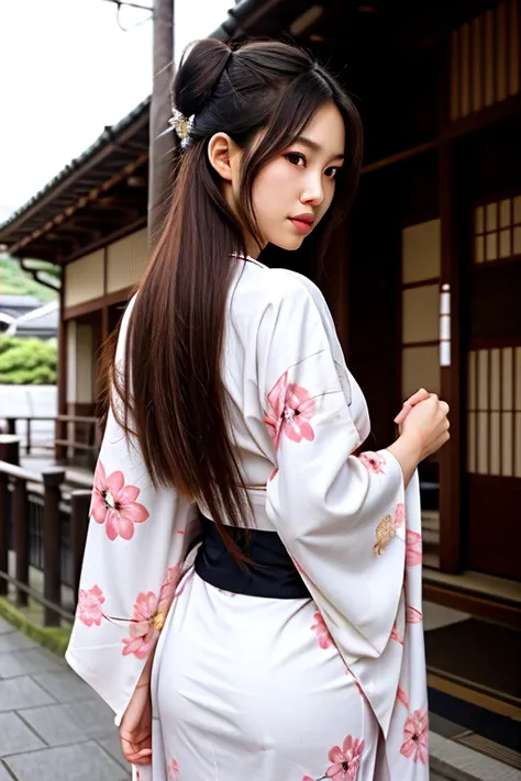 Anime, Japanese traditional woman, long hair, dressed in kimono, bending, looking back