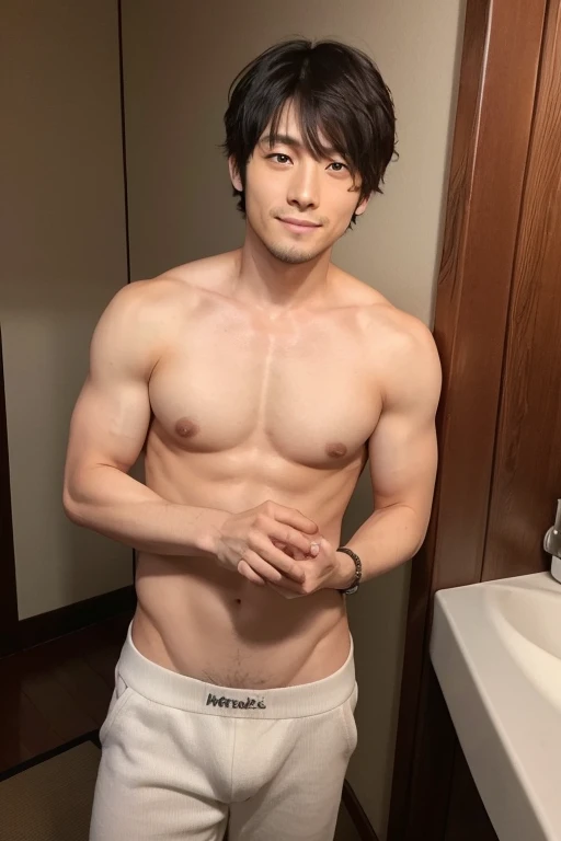 Naked 30 year old Japanese male actor masturbates with his hand