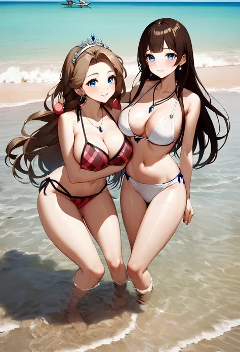 brown hair、 （（ Sexy and gorgeous see-through bikini））、2 very beautiful Swedish 18 year old pretty girls、 shiny skin、 white skinned、 a smile、 beautiful bangs、 long and straight、2 位 絲般美蘿麗的brown hair女郎、 shiny hair、 Super long super straight hair、 Eyeliner、 a ...