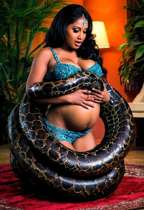  Pregnant Happy Horny, aroused 1girl), beautiful kneeling indian thick young teen girl  with  giant colossal black titanboa squeezing her hard, wrapped in thick spiraling coils, constricted, struggle, gasping for air, snake attack, snake peril, moonless ni...