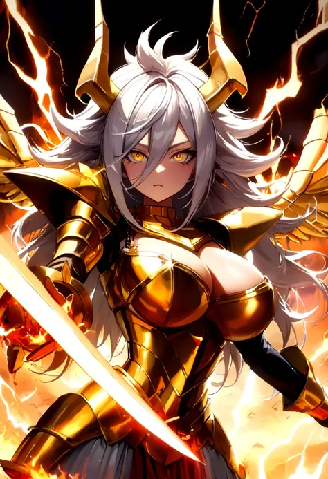 ((Lightning Power)), ((Electricity)), ((Fire Background)), ((android 21)), (((white Coat))), (((Busty))), (((((Big breast:1,3)))), luxury bustier corset, ((silver hair)), (((Very slim waist))), propotional body, ((Gorgeous)), ((gold wings)), masterpiece, h...