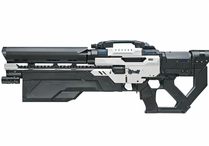 a close up of a  gun with a white and black body, gauss rifle, pulse rifle, laser rifle, holding sci-fi rifle, futuristic weapon shotgun, pulse rifles, a laser rifle, energy rifle, sci - fi weapon, bolt action rifle, laser rifles, starship-troopers-rifle, ...