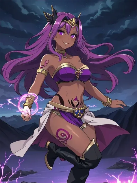 (MasterPiece) (Highly Detailed) (4k), 1female, solo, 25 year old woman, Sorceress, Fantasy, Fantasy setting, (Dark Skin:1.4), Purple eyes, Purple Hair, Pink Hair, Long Hair, (covered in tattoos:1.3), (Wearing: strapless top, loincloth, golden bracelets, go...