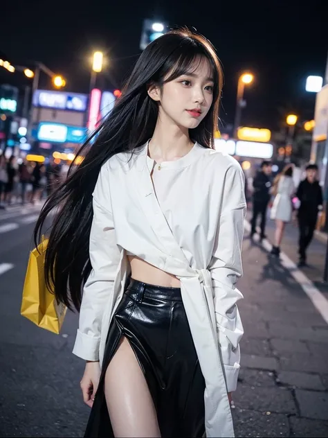 ((4K works))、​masterpiece、(top-quality)、1 beutiful girl、Slim body、((Attractive clothes in black and white))、(Detailed beautiful eyes)、Walking together on the road at night、Face similar to Carly Rae Jepsen、((Boyish Gold Medium Hair))、((Smaller face))、((Neut...