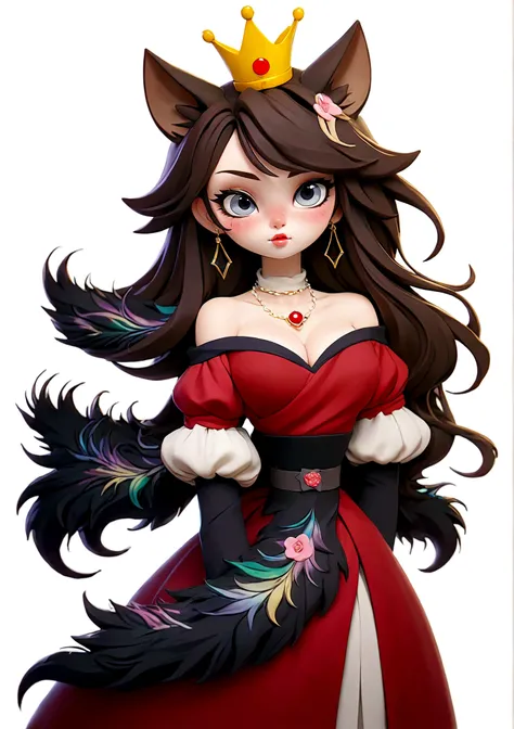 Anime Girl，Purple Eyeshadow，Black long hair，Cat ears，Small Crown，Red off-shoulder dress，Fur collar shawl，wave