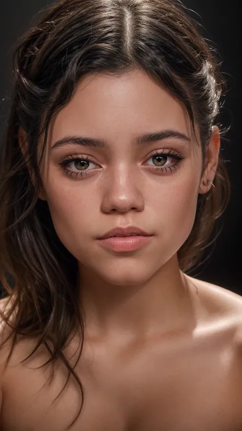 Jenna Ortega, jortega:2, beautiful eyes and lips, 20-year-old woman, perfect face, ultra-detailed, realistic:1.37, colored portrait photography, naked, covered in cum, soft lighting, showing vagina, intense gaze, professional studio lighting, high-res, viv...