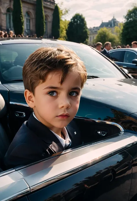 A child from a poor area watched a group of wealthy children emerge from luxury cars, with envy and disgust in their eyes, reflecting the psychological trauma caused by social class differences, (contempt, disgust, shaded face, looking at viewer, frown), c...