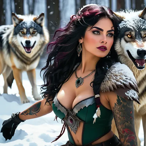 4k highly detailed realistic digital extremely high quality RAW photograph, a portrait photo of Esmeralda that lived with wolves her whole life is now leading them to battle. torn clothes exposing (nude:1.4) body, armored pauldrons, fangs, curled horns, bi...