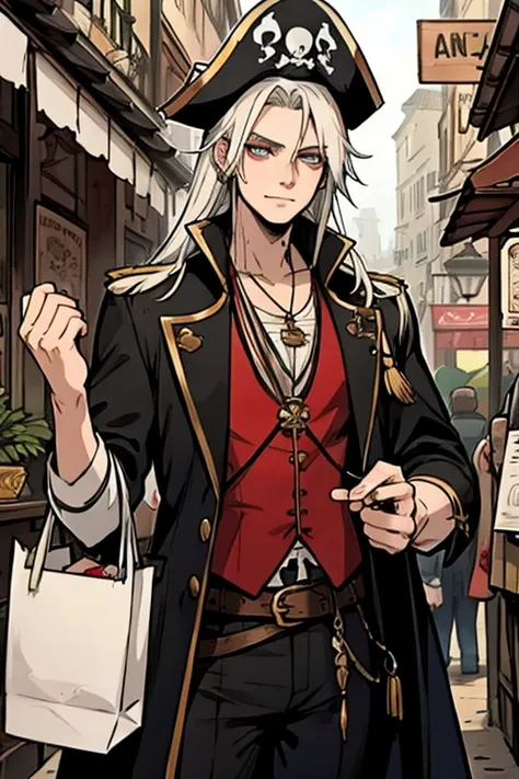 a young white haired man with ruby eyes in a pirates's outfit is shopping at a jewelry stand in a pirate's city