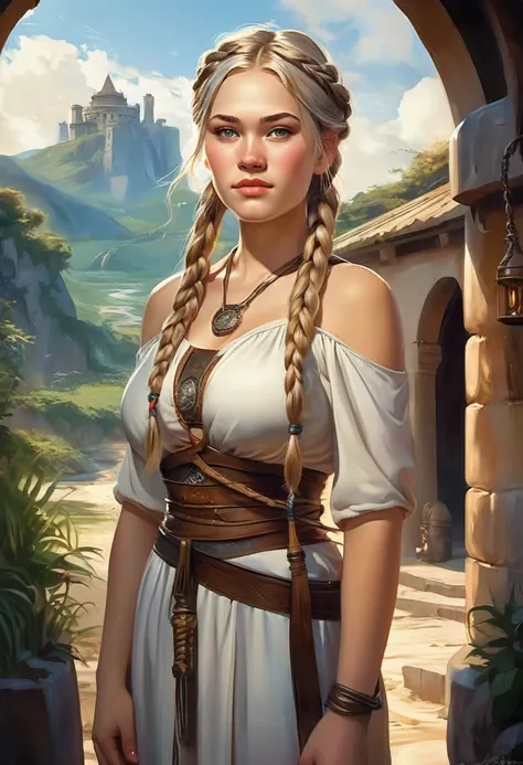 realistic painting of guinwen, detailed illustration, fantasy style, 20yo guin as an ancient slave, blonde hair, braids, slim wa...