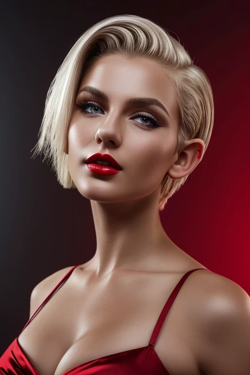 Gorgeous european woman with very short hair, short hair, wet hair, hair slicked back, combed straight back, slick hair, streaked blonde hair, seductive, red lips, elf princess, cleavage, vintage, solid dark grey background