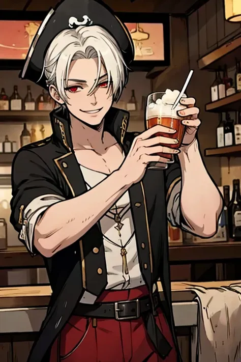 a young white haired man with red eyes in a pirates's outfit is drinking at a bar in a pirate city with a big smile