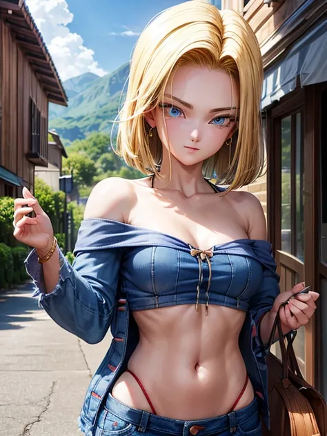 tmasterpiece， best qualtiy， ultra - detailed， absurderes， Portrait Beautiful Android 18db， solo， 耳Nipple Ring， (The bikini:1.5)，Underdressing，jewely， (Off-the-shoulder clothing:1.5)，cleavage， upper body closeup，ssmile， Thongs， vests， cloud， Skysky， daysies...