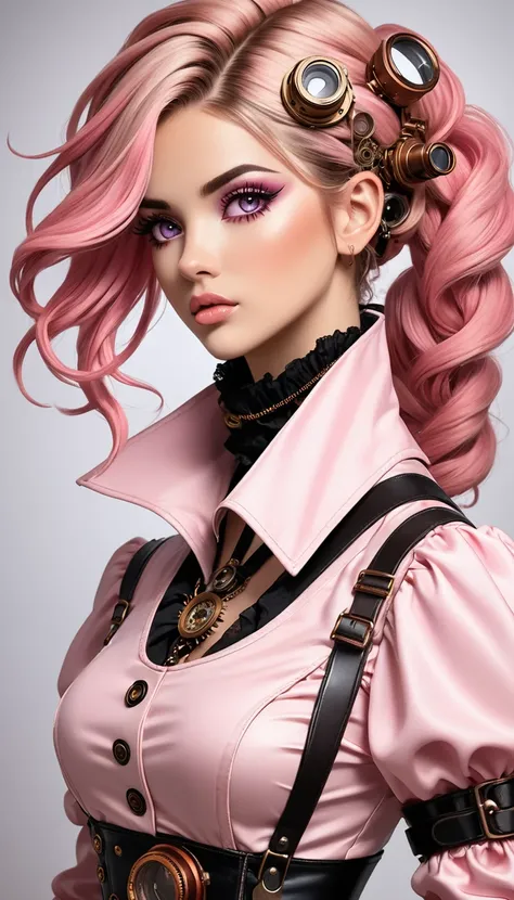 melhor qualidade, Obra de arte, tronco, mulher, cabelo loiro soprado pelo vento, olhos brilhantes, estilo nu steampunk, roupas finas, roupas rosa, cabelo rosa