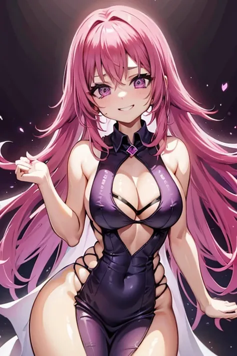 A pink haired woman with violet eyes with an hourglass figure in a skimpy dress is dancing in the club with a big smile
