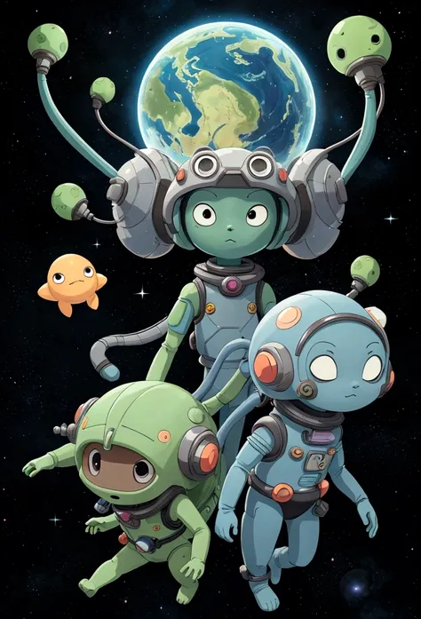 Amazing art, highres, ghibli style, cute aliens in the space