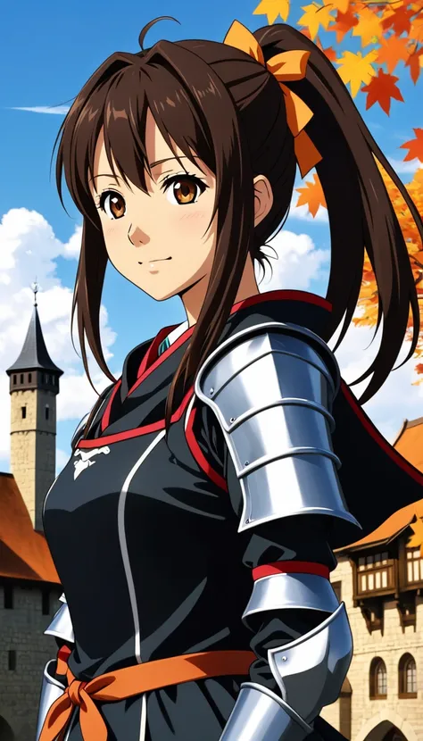 a young female knight in black armor, irritated smile, kyoto animation style 2010s, official art, ((((black hair)), haruhi suzumiya eyes, haruhi suzumiya face)), beautiful symmetrical face, ponytail, medieval european castle autumn day, fantasy, solo, 8k, ...