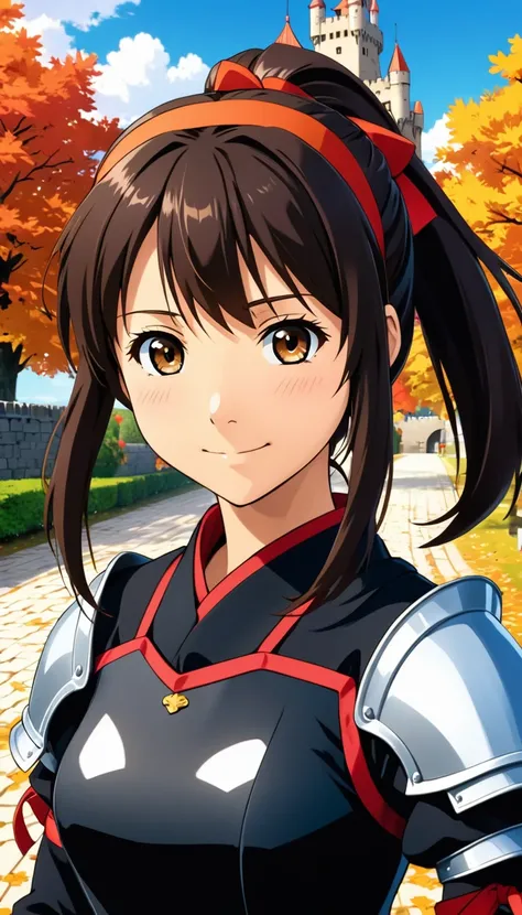 a young female knight in black armor, irritated smile, kyoto animation style 2010s, official art, ((((black hair)), haruhi suzumiya eyes, haruhi suzumiya face)), beautiful symmetrical face, ponytail, medieval european castle autumn day, fantasy, solo, 8k, ...