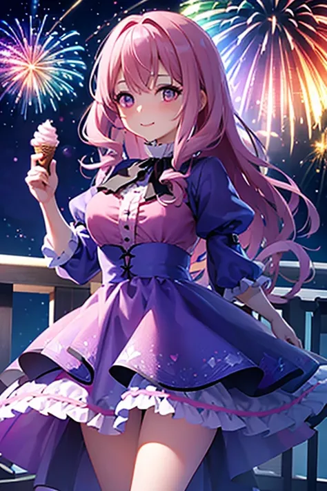 A pink haired woman with violet eyes with an hourglass figure in a frilly summer dress is eating ice cream while watching fireworks