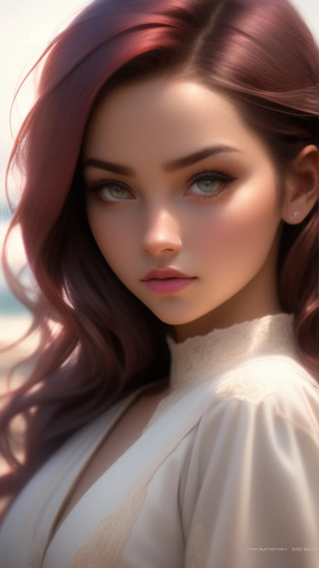 close up of a european woman, Burgundy hair, winter beach, natural skin texture, very detailed skin texture, tanned skin, 24mm, 4k textures, soft cinematic light, RAW photo, photorealism, photorealistic, intricate, elegant, highly detailed, sharp focus, ((...