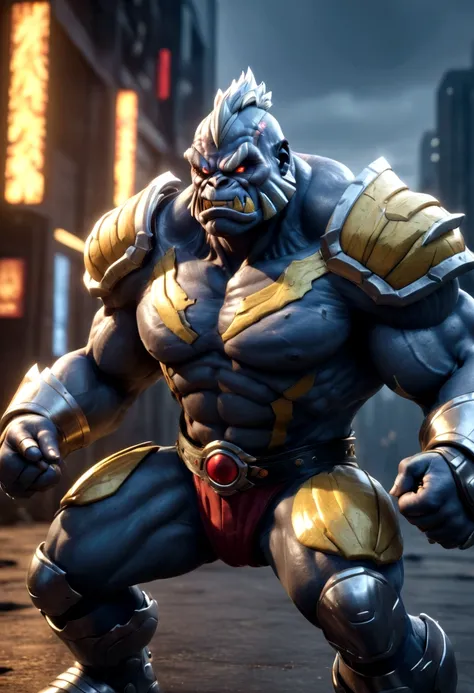 a powerful muscular humanoid machamp from pokemon, detailed realistic character, superhuman strength, hulking body builder, wearing mortal kombat style combat armor, fierce battle pose, intense expression, dramatic lighting, cinematic composition, dark gri...