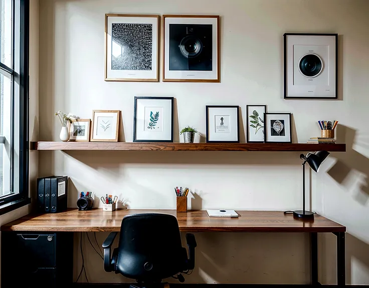 Modern elegant office, minimalist, clean colors, shelves with cameras, pictures on the wall with awards, an acoustic guitar, black and wood tones, 8k