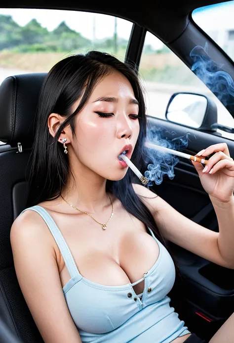 a korean girl smoking cigarettes very fast, sucking extremely hard on cigarette, the cigarette ash is growing very long, piercin...