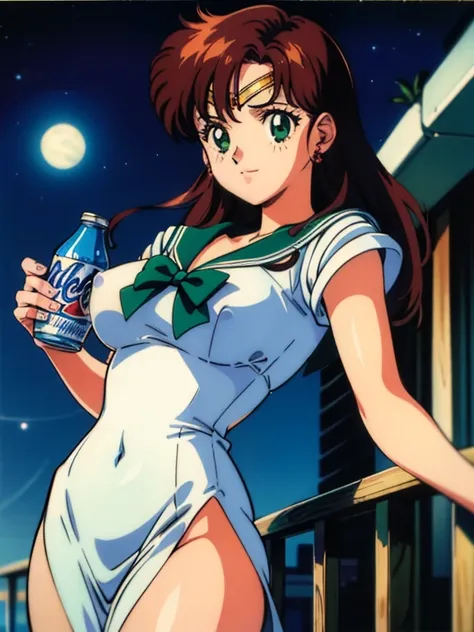 nsfw, mejor calidad, high resolution, 1990s (estilo), retro artestilo, 1990s anime cels estilo, noche, sailor Jupiter, session, uniforme marinero senshi, pechos medianos, color verde marinero, guantes blancos, falda plisada verde, cinta rosa, cola de cabal...