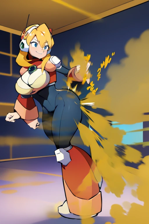 alia_megamanx, blonde hair, default hair, default outfit, huge breasts, standing, farting, massive fart, velocity, embarrassed, leaning, clenching teeth, smiling, alone in a room