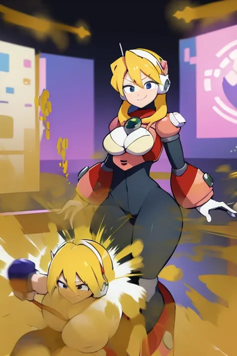 alia_megamanx, blonde hair, default hair, default outfit, huge breasts, standing, farting, massive fart, velocity, embarrassed, leaning, clenching teeth, smiling, alone in a room