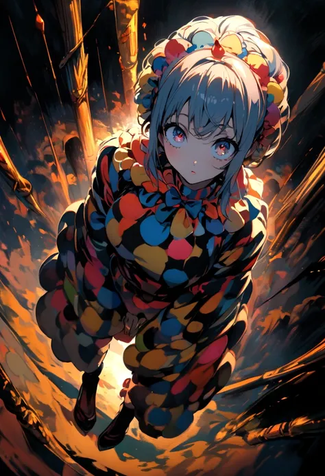 anime, girl with tattoo wearing clown outfit, looking at camera, full body, top view angle, perfect hands and fingers, highly detailed painting, rich colors, high contrast, atmosphere gloomy, dark background.