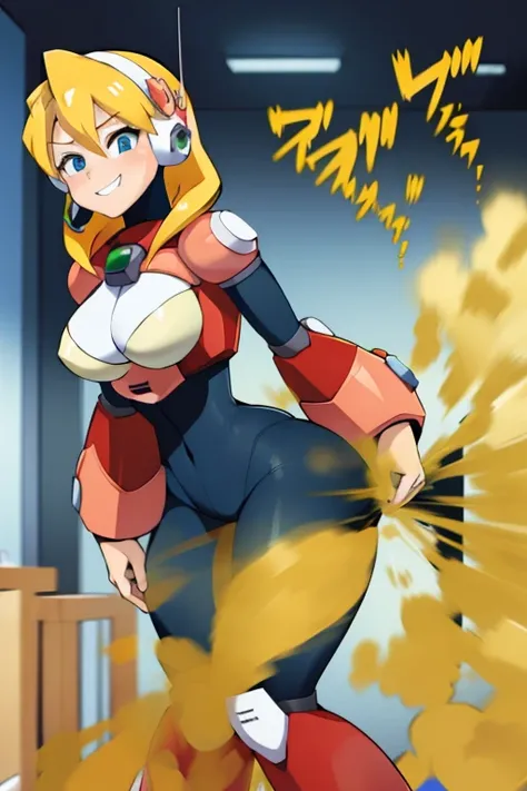 alia_megamanx, blonde hair, default hair, default outfit, huge breasts, standing, farting, massive fart, velocity, embarrassed, leaning, clenching teeth, smiling, alone in a room