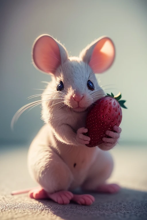 cute whimsical mouse,mouse holding strawberry,extremely detailed,hyperrealistic,soft pastel colors,warm lighting,intricate textures,delicate features,photorealistic,3D render,studio lighting,cinematic composition,high resolution