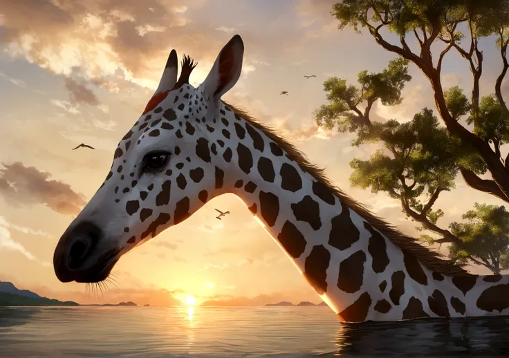 Une girafe courant vers la savane africaine, meilleur fond decran ordinateur, animaux, lac, setting sun, resolution 4k, ultra realiste, savane, avec un oiseau sur une branche darbre sur le lac, oiseaux qui volent dans le ciel, differents animaux, 