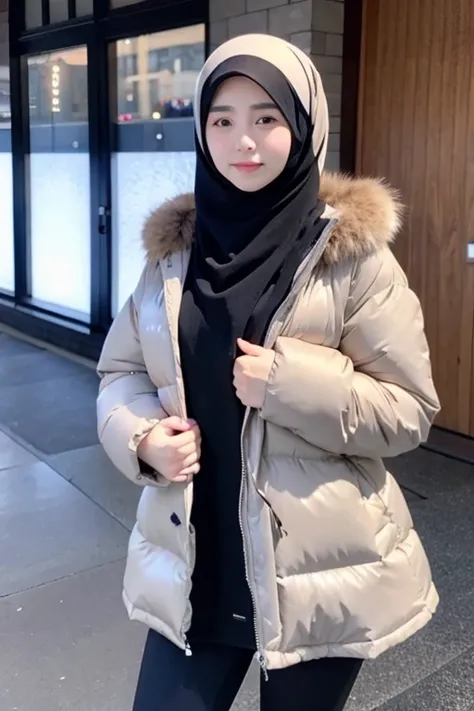 Best quality, 4K, 8K, Detailed faces,fully body photo, Clear face, Japanese muslim girl, 21 years old girl, Perfect body figure, Long slim legs, Pasmina hijab, Long down jacket with hood, Fur trim jacket, White jacket, Snowy Tokyo background 