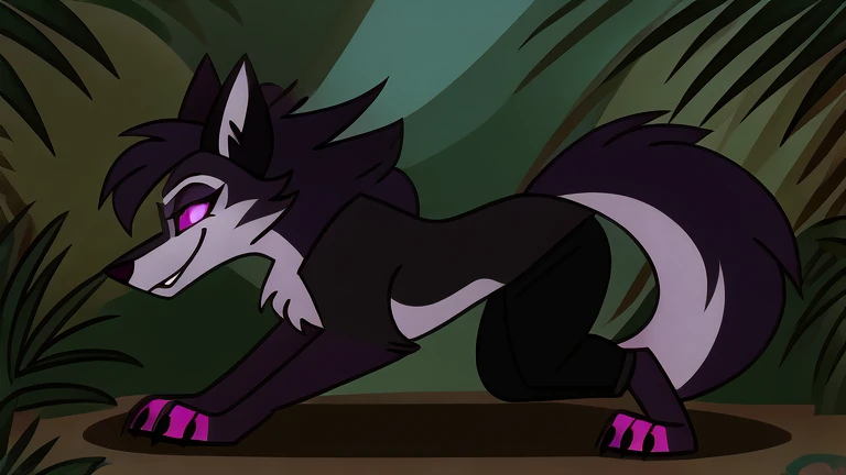 (masterpiece, best quality:1.2), Vortex female feminine hellhound, wolf, furry, helluva boss, glowing purple eyes, he wears a black t-shirt with a gray vest with red spikes on the shoulders and black pants. running on all fours, jungle background, profile ...