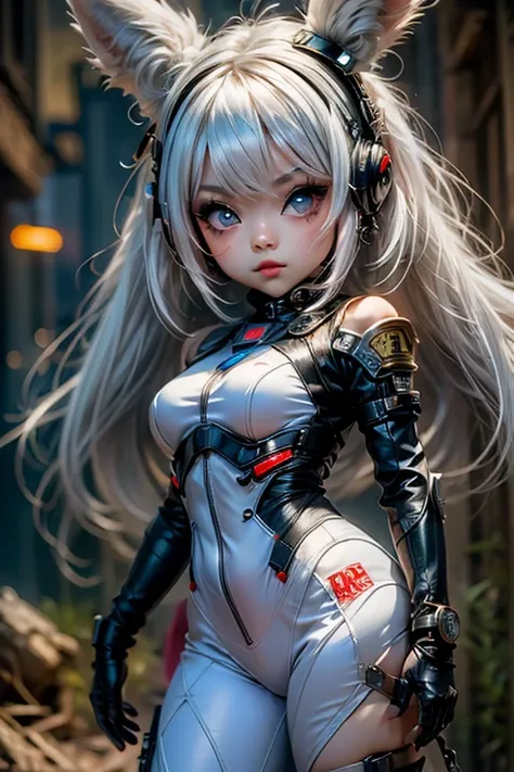 single,1woman\((chibi:1.8),cute,kawaii,,(white hair:1.7),(very long hair:1.7),bumps,(ear\(fluffy white rabbit-ear\):1.3), (red e...