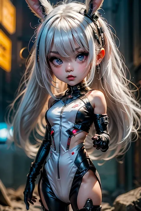 single,1woman\((chibi:1.8),cute,kawaii,,(white hair:1.7),(very long hair:1.7),bumps,(ear\(fluffy white rabbit-ear\):1.3), (red e...