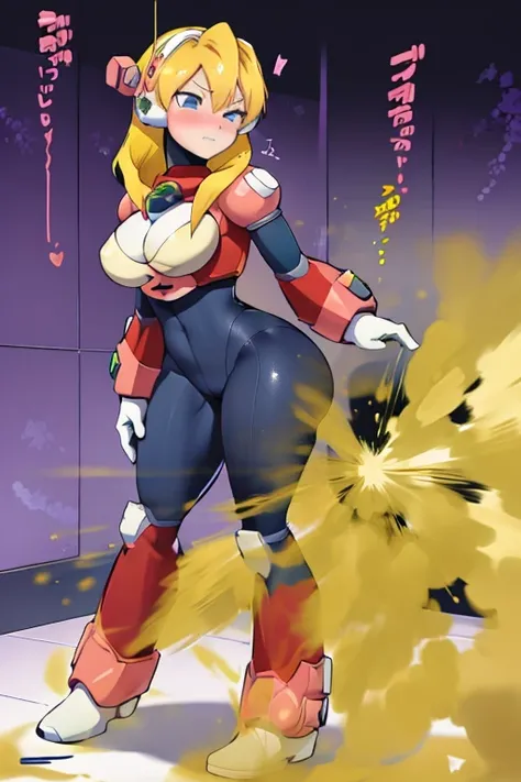 alia_megamanx, blonde hair, default hair, default outfit, huge breasts, standing, farting, massive fart, velocity, embarrassed, leaning, clenching teeth, alone in a room, blush