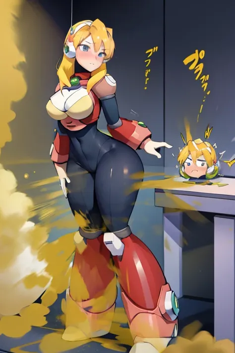 alia_megamanx, blonde hair, default hair, default outfit, huge breasts, big body, tall height, standing, farting, massive fart, velocity, embarrassed, leaning, clenching teeth, alone in a room, blush