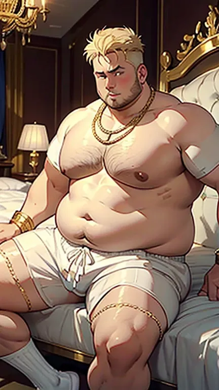 full view rich light blond fashion haircut obese fat actor antony starrs  in white long socks, white boxershorts, wearing dozens of golden rings, golden chains, golden necklaces, diamond watchs, diamond piercings, lying on covered with white furs bed, show...