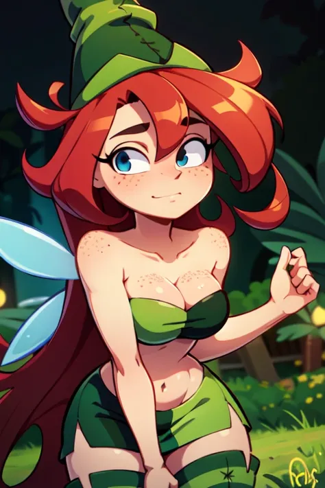 (best quality:1.3), (4K quality),masterpiece, best quality, high res, detailed, (Detailed face:1.2), (Detailed eyes:1.2), (Perfect figure:1.2), CARTOON, ANIME, CARTOON ARTSTYLE, solo, 1girl, betilla, fairy, wings, light-skinned with freckles, long red hair...