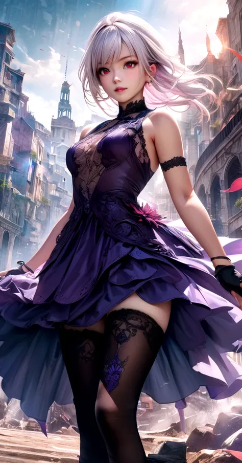 A beautiful anime girl, short white hair, piercing red eyes, wearing a handless purple dress with a flowing skirt, long black gloves, and thigh-high stockings, posing gracefully in an HDR, highly detailed, photorealistic, 8k, masterpiece, digital painting,...