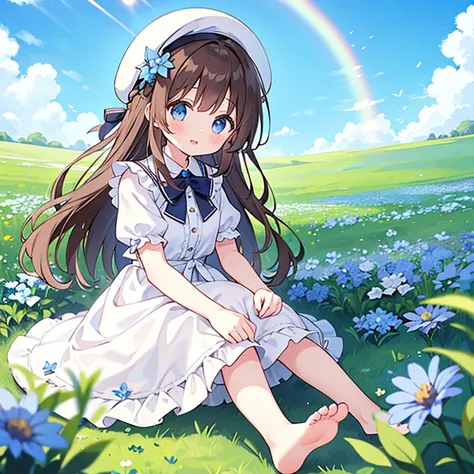 1 girl, white frill dress, blue flower field, sunlight, blue sky, summer, white beret, brown hair, blue eyes, princess long hair...