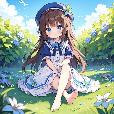 1 girl, white frill dress, blue flower field, sunlight, blue sky, summer, white beret, brown hair, blue eyes, princess long hair...